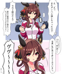  1girl animal_ears braid braided_hair_rings breasts brown_hair dumbbell ear_covers ear_ornament gentildonna_(umamusume) hair_between_eyes hair_ornament hair_rings holding holding_dumbbell horse_ears horse_girl looking_at_viewer ne000000t open_mouth red_eyes school_uniform simple_background solo spoken_sound_effect strong tracen_school_uniform tracen_training_uniform umamusume 