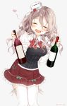  1girl :d blush bottle bow bowtie brown_hair closed_eyes frilled_skirt frills heart kantai_collection long_hair long_sleeves naoto_(tulip) open_mouth pola_(kantai_collection) simple_background skirt smile solo thick_eyebrows thigh-highs twitter_username wavy_hair white_legwear wine_bottle zettai_ryouiki 
