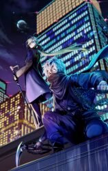  2boys antenna_hair black_coat black_gloves black_jacket black_pants black_scarf blonde_hair blurry bokeh buddy_mission_bond building cane chain chesley_(buddy_mission_bond) clouds coat depth_of_field diffraction_spikes face_jewel feet_out_of_frame full_moon gloves green_eyes grey_hair hair_between_eyes hair_over_one_eye hair_ribbon highres holding holding_cane holding_chain holding_sickle jacket japanese_clothes karasuneko1313 kusarigama long_hair long_sleeves looking_down looking_to_the_side low_ponytail male_focus mokuma_(buddy_mission_bond) moon multiple_boys night ninja on_one_knee pants ribbon scarf scarf_over_mouth short_hair sickle skyscraper standing violet_eyes weapon wind wrinkled_skin 