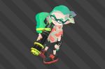  1boy diagonal_stripes domino_mask from_above glasses green_hair grey_background hawaiian_shirt heavy_splatling_(splatoon) highres inkling male_focus mask official_art pointy_ears shirt shoes simple_background sneakers solo splatoon splatoon_2 striped striped_background tentacle_hair 