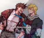  2boys adam&#039;s_apple anz blonde_hair blue_eyes brown_hair caesar_anthonio_zeppeli cola facial_mark fingerless_gloves gloves green_eyes jacket jacket_on_shoulders jojo_no_kimyou_na_bouken joseph_joestar_(young) male_focus multiple_boys necktie necktie_grab neckwear_grab open_mouth red_gloves shade signature smile soda_bottle suspenders sweatdrop teenage watermark young younger 