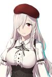  1girl beret blush bra braid breasts eyebrows eyebrows_visible_through_hair frills g36c_(girls_frontline) girls_frontline hair_between_eyes hair_over_one_eye hat highres large_breasts long_hair long_sleeves looking_at_viewer official_art parted_lips silver_hair solo underwear violet_eyes xiu_jiayihuizi 