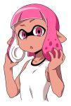  1girl anbe_masahiro bangs blunt_bangs commentary domino_mask inkling looking_at_viewer mask parted_lips pink_eyes pink_hair playing_with_own_hair pointy_ears shirt short_hair simple_background sleeveless sleeveless_shirt solo splatoon splatoon_2 standing tan tentacle_hair upper_body white_background white_shirt 