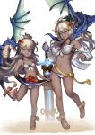  2girls :d ahoge apple belt bikini breasts dark_skin dragon dual_persona flower food fruit granblue_fantasy hair_ornament highres large_breasts long_hair looking_at_viewer multiple_girls navel open_mouth red_eyes sandals sarong_lift shimashima_(simasima_23) small_breasts smile swimsuit sword the_order_grande weapon white_bikini white_hair younger 