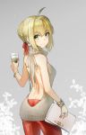 1girl absurdres ahoge ass back backless backless_outfit bag bangs blonde_hair bracelet braid breasts closed_mouth coffee_cup dress eyebrows_visible_through_hair fate/extra fate_(series) from_behind grey_background hair_between_eyes hair_bun hair_intakes hair_ribbon halterneck handbag hieung highres holding holding_bag jewelry leaf leaf_background looking_at_viewer looking_back medium_breasts nail_polish no_bra open-back_dress pantyhose red_legwear red_nails red_ribbon ribbed_sweater ribbon ring saber_extra short_hair sidelocks smile solo starbucks sweater sweater_dress turtleneck turtleneck_sweater virgin_killer_outfit virgin_killer_sweater
