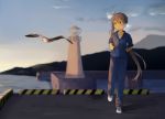  1girl akebono_(kantai_collection) bangs bird blue_pants blue_shirt blurry clenched_hands day demitas depth_of_field jacket jogging kantai_collection lighthouse long_hair long_sleeves mountain ocean open_mouth pants pier purple_hair seagull shirt shoes sleeves_pushed_up sneakers solo track_jacket track_pants track_suit very_long_hair zipper 