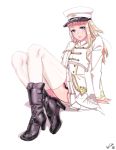  1girl aiguillette arm_support bangs boots closed_mouth dated garter_straps hat hieung high_heel_boots high_heels highres knees_up long_hair looking_at_viewer military military_hat military_uniform mole mole_under_eye pleated_skirt signature simple_background sitting skirt solo thigh-highs thighs uniform white_background white_legwear white_skirt 