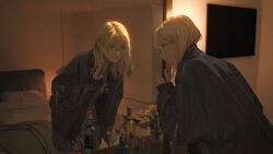  1girl absurdres blonde_hair blue_jacket bottle brown_eyes chinese_commentary commentary_request cup dress drinking_glass flower hand_up highres indoors jacket jewelry labret_piercing long_hair long_sleeves mole mole_under_eye necklace open_clothes open_jacket original purple_dress sleeves_past_wrists solo television wang-xi wine_bottle wine_glass zipper 