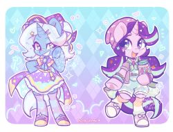  2girls :d absurdres animal_ears beanie blue_background blue_gemstone blue_hair blue_overalls blue_ribbon blue_skin border bow capelet cardigan colored_skin commentary english_commentary full_body gem gradient_background green_hair green_scarf hat highres horns horse_ears horse_girl horse_tail leg_warmers long_hair looking_at_viewer multicolored_hair multiple_girls my_little_pony my_little_pony:_friendship_is_magic oofycolorful overalls purple_background purple_bow purple_capelet purple_cardigan purple_footwear purple_hair purple_hat purple_skin purple_skirt purple_socks ribbon scarf simple_background single_horn skirt smile socks standing star_(symbol) starlight_glimmer striped_clothes striped_leg_warmers striped_thighhighs tail thigh-highs trixie_lulamoon twintails unicorn_horn violet_eyes white_border witch_hat 