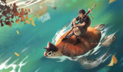  1boy backpack bag bepo black_footwear black_hat closed_mouth grey_pants hand_tattoo hat highres holding holding_hat holding_unworn_clothes leaf light_particles long_sideburns looking_ahead male_focus one_piece outdoors pants penguin_(one_piece) rami_rz riding riding_animal riding_turtle ripples sea_turtle short_hair sideburns solo_focus sword tattoo trafalgar_law turtle twitter_username water weapon white_hat 