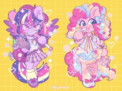  2girls :p animal_ears baseball_bat blonde_hair blue_bow blue_eyes blue_footwear blue_hair blue_shirt bow candy choker colored_skin curly_hair food full_body furry furry_female highres holding holding_baseball_bat holding_candy holding_food holding_lollipop horns horse_ears horse_girl horse_tail leg_warmers lollipop long_hair looking_at_viewer multicolored_hair multiple_girls my_little_pony my_little_pony:_friendship_is_magic oofycolorful orange_leggings personification pink_bow pink_hair pink_skin pinkie_pie princess_celestia purple_bag purple_choker purple_footwear purple_hair purple_shirt purple_skin purple_skirt purple_wings round_eyewear shirt simple_background single_horn skirt smile spike_(my_little_pony) standing streaked_hair tail tongue tongue_out twilight_sparkle unicorn_horn violet_eyes wings yellow_background yellow_bow yellow_leg_warmers yellow_skirt 