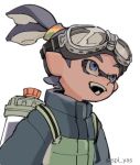  1boy blue_hair domino_mask fangs goggle-kun_(splatoon) goggles goggles_on_head ink_tank_(splatoon) inkling jacket lowres male_focus mask pointy_ears short_hair simple_background smile splatoon splatoon_(manga) tentacle_hair topknot twitter_username upper_body white_background yasu_(spl_yas) 