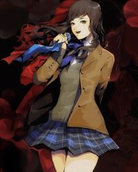  1girl 4me3ba_niku brown_eyes brown_hair highres hikaru_(megami_tensei) holding holding_scarf holding_unworn_clothes jacket long_hair looking_at_viewer open_mouth ribbon scarf school_uniform shin_megami_tensei shin_megami_tensei_iv shirt skirt smile solo upper_body 