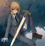  1girl blonde_hair business_suit fate_(series) formal gloves highres necktie saber solo suit sword treeware weapon 
