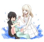  1boy 1girl animal animal_hug aohane_riko black_hair blonde_hair carbuncle_(final_fantasy) child dress final_fantasy final_fantasy_xv lunafreya_nox_fleuret noctis_lucis_caelum shorts water white_dress younger 