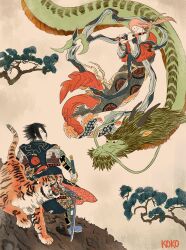  1boy 1girl animal armor artist_name black_hair commentary couple dragon eastern_dragon english_commentary flute flying haruno_sakura highres holding holding_flute holding_instrument holding_sword holding_weapon instrument japanese_armor kokodrawings music naruto naruto_(series) nihonga parody pink_hair playing_instrument standing style_parody sword tiger tree uchiha_sasuke ukiyo-e weapon 