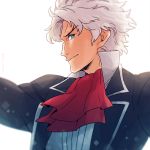  1boy aqua_eyes arms_up classicaloid close-up cravat dramatica jacket looking_at_viewer ludwig_van_beethoven_(classicaloid) male_focus silver_hair smile solo upper_body 