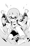  1girl anbe_masahiro bangs bike_shorts blunt_bangs closed_mouth commentary domino_mask dual_wielding full_body greyscale halftone highres ink_tank_(splatoon) looking_at_viewer mask monochrome one_knee paint_splatter shoes short_hair smile sneakers solo splat_dualies_(splatoon) splatoon splatoon_2 tank_top tentacle_hair 