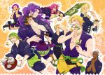  6+boys abs apron bandanna blonde_hair blood blood_from_mouth blood_on_face blue_eyes cup dango dark_skin dark_skinned_male diavolo diego_brando dinosaur_tail dio_brando earrings eating enrico_pucci food funny_valentine glasses hand_on_head hands_clasped high_ponytail horns japanese_clothes jewelry jojo_no_kimyou_na_bouken kars_(jojo) kira_yoshikage lipstick makeup meng_bu_chong multiple_boys muscle pink_hair polka_dot_hair purple_lipstick red_eyes scary_monsters_(stand) seiza sitting sparkle stand_(jojo) steel_ball_run table takoyaki tasuki teapot tray vinegar_doppio violet_eyes wagashi waist_apron white_hair zouri 