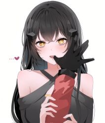  ... 1girl 1other black_dress black_gloves black_hair commander_(girls'_frontline) commentary_request corrupted_twitter_file dandelion_(girls'_frontline) dress finger_in_another's_mouth girls_frontline gloves hair_ornament heart highres holding_another's_arm korean_commentary long_hair looking_at_viewer open_mouth orange_eyes saliva saliva_trail simple_background ssomi straight-on upper_body white_background 