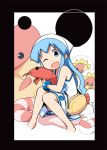  1girl anbe_masahiro bag bangs barefoot blue_eyes blue_hair bracelet dress full_body handbag hat ikamusume jewelry long_hair looking_at_viewer one_eye_closed open_mouth pillow shinryaku!_ikamusume shrimp sitting sleeveless sleeveless_dress smile solo squid_hat stuffed_animal stuffed_toy tentacle_hair white_dress white_hat 