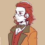  1boy bow bowtie brown_eyes brown_hair classicaloid dramatica franz_schubert_(classicaloid) glasses grey_background jacket limited_palette male_focus short_hair sidelocks simple_background solo twitter_username upper_body waistcoat 