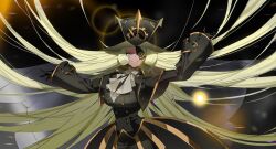  1girl @_@ ascot bell_sleeves black_background black_capelet black_gloves black_hat black_jacket black_pants black_suit black_veil blonde_hair breasts buttons capelet clock_hands clock_hat_ornament collared_capelet cookie_run cookie_run:_ovenbreak cowboy_shot crinoline double-breasted drill_hair drill_sidelocks eyepatch facial_mark gear_hat_ornament gloves gold_trim hair_spread_out hat hat_ornament highres humanization jacket large_breasts lens_flare long_hair long_sleeves looking_at_viewer official_alternate_costume ohta_guk_hip outstretched_arms pant_suit pants parted_bangs parted_lips pinstripe_pants pinstripe_pattern shirt sidelocks smile smirk solo spread_arms standing suit timekeeper_cookie timekeeper_cookie_(ruler_of_the_ephemeral_flow) top_hat veil very_long_hair white_ascot white_shirt yellow_eyes 