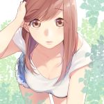  1girl 3: bangs blouse breasts brown_eyes brown_hair cleavage denim denim_shorts eyebrows_visible_through_hair hair_tucking katase_waka leaf leaf_background leaning_forward long_hair looking_at_viewer original parted_lips raised_eyebrows shorts solo white_background white_blouse 