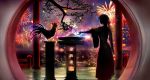  00 1girl bird chicken city city_lights dark fireworks hakama highres japanese_clothes long_hair miko new_year night original ponytail profile rooster scenery shrine silhouette sky solo tree_branch window year_of_the_rooster 