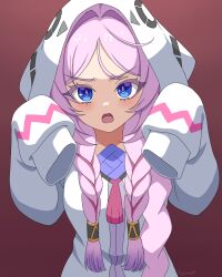  1girl blue_eyes blush braid citlali_(genshin_impact) commentary english_commentary fuyunash1 genshin_impact highres long_hair looking_at_viewer multicolored_hair onesie open_mouth pink_hair pink_pupils purple_hair red_background signature sleeves_past_wrists solo twin_braids very_long_hair 