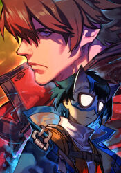  1boy 1girl black_hair blue_coat blue_hair brown_hair close-up coat eye_mask guilty_gear guilty_gear_strive hankuri jacket looking_at_viewer multicolored_hair red_eyes red_jacket short_hair sol_badguy streaked_hair unika_(guilty_gear) 