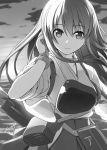  1girl akagi_(kantai_collection) bangs close-up closed_mouth clouds cloudy_sky eyebrows_visible_through_hair floating_hair gloves greyscale hair_between_eyes hand_in_hair hirasato japanese_clothes kantai_collection long_hair looking_at_viewer monochrome muneate ocean outdoors partly_fingerless_gloves quiver rigging sky smile solo 