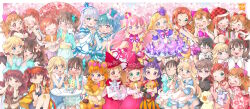  3boys 6+girls animal_ears asahina_mirai bandage_on_knee black_hair blonde_hair blue_eyes blush bow braid brown_hair cat cat_ears cat_tail character_request commentary_request cure_friendy cure_lillian cure_nyammy cure_wonderful daifuku_(precure) dog double_v earrings flower gift glasses hair_flower hair_ornament hat hat_bow heart heart_hands heart_hands_duo highres inukai_iroha inukai_komugi inukai_komugi_(dog) izayoi_liko japanese_clothes jewelry kanie_(precure) kimono mahou_girls_precure! maid_headdress mehmeh_(wonderful_precure!) mini_hat mini_top_hat mofurun_(mahou_girls_precure!) multiple_boys multiple_girls navel necktie nekoyashiki_mayu nekoyashiki_yuki nekoyashiki_yuki_(cat) nico-sama one_eye_closed papillon_(dog) pink_eyes pink_hair precure purple_bow purple_hair red_bow red_flower santa_hat scrunchie spoon tail takecho top_hat toyama_satoru umbrella v violet_eyes witch_hat wonderful_precure! 