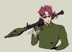  1boy gakuran jojo_no_kimyou_na_bouken kakyouin_noriaki male_focus nut_(sjtsla) redhead rocket_launcher scar school_uniform simple_background solo sunglasses weapon 