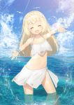  1girl ^_^ ^o^ absurdres akamizuki_(akmzk) bangs bare_shoulders bikini bird blonde_hair blue_sky blunt_bangs blush braid closed_eyes clouds day female french_braid happy highres lillie_(pokemon) long_hair looking_at_viewer navel ocean open_mouth partially_submerged pokemon pokemon_(anime) pokemon_(game) pokemon_sm pokemon_sm_(anime) scrunchie sky solo sparkle splashing swimsuit water 