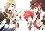  1girl 3boys armor atoatto blonde_hair brown_hair fire_emblem fire_emblem_if headgear hinoka_(fire_emblem_if) japanese_clothes looking_at_viewer male_my_unit_(fire_emblem_if) marx_(fire_emblem_if) multiple_boys my_unit_(fire_emblem_if) red_eyes redhead ryouma_(fire_emblem_if) signature silver_hair simple_background smile white_background 