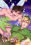  2016 2boys anz blonde_hair blue_eyes brown_hair caesar_anthonio_zeppeli cosplay crossdressinging disney dress facial_mark fairy_wings green_dress green_eyes happy_halloween hat hat_feather jojo_no_kimyou_na_bouken joseph_joestar_(young) male_focus multiple_boys muscle open_mouth peter_pan peter_pan_(cosplay) peter_pan_(disney) smile sparkle sword tinker_bell_(disney) tinker_bell_(disney)_(cosplay) weapon wings 