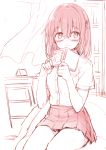  1girl bangs blush book curtains eyebrows_visible_through_hair glasses hair_between_eyes hair_ornament half-closed_eyes hirasato holding holding_book indoors legs_together looking_at_viewer monochrome open_book original parted_lips pleated_skirt shirt short_sleeves sitting sketch skirt smile solo 