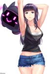  1girl aken armpits arms_behind_head blue_eyes breasts cleavage dungeon_and_fighter female_mechanic_(dungeon_and_fighter) highres long_hair looking_at_viewer midriff original purple_hair shorts simple_background sleeveless smile solo white_background 