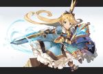  1girl armor armored_boots armored_dress blonde_hair blue_dress blue_eyes boots box charlotta_(granblue_fantasy) crown curly_hair dress dwarf granblue_fantasy greatsword letterboxed long_hair looking_at_viewer pointy_ears shield shirabi_(life-is-free) smile solo standing sword water water_drop weapon white_background 