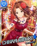  1girl alternate_hairstyle armband artist_request bracelet brown_eyes brown_hair card_(medium) character_name diamond_(symbol) dress earrings flower hair_flower hair_ornament idolmaster idolmaster_cinderella_girls jewelry komuro_chinami legs_crossed necklace official_art ponytail red_dress 