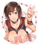  1girl artist_name brown_eyes brown_hair character_name choker dress eyebrows_visible_through_hair final_fantasy final_fantasy_xv heart iris_amicitia jewelry kanapy knees necklace short_hair simple_background smile solo squatting waving white_background 