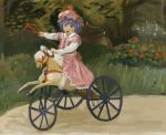  1girl amibazh arm_up bat_wings commentary dress faux_traditional_media fine_art_parody flower happy hat horse looking_at_viewer mob_cap open_mouth outdoors parody playing polearm purple_hair remilia_scarlet rocking_horse short_hair smile solo spear spear_the_gungnir touhou tricycle weapon wings younger 