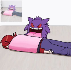  1boy arm_at_side chueog cowlick flipped_hair gengar indoors jacket long_sleeves lying male_focus on_stomach open_mouth pants pokemon pokemon_(creature) pokemon_hgss red_hair reference_inset silver_(pokemon) tongue tongue_out wrapped_up 