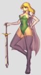  1girl blonde_hair blue_eyes boots breasts cape celes_chere final_fantasy final_fantasy_vi hashira_w highres leotard long_hair planted_sword planted_weapon solo sword thigh-highs thigh_boots weapon 