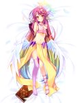 1girl angel_wings bed_sheet blush book breasts dakimakura feathered_wings feathers gloves gradient_hair grandia_bing halo jibril_(no_game_no_life) long_hair looking_at_viewer low_wings lying magic_circle medium_breasts midriff mismatched_legwear multicolored multicolored_eyes multicolored_hair navel no_game_no_life on_back orange_eyes pink_hair sideboob smile solo tattoo thigh-highs very_long_hair white_wings wing_ears wings yellow_eyes 