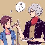  1boy 1girl brown_background brown_eyes brown_hair chopsticks classicaloid dramatica dumpling feeding food hair_ornament hairclip jacket jiaozi leather leather_jacket looking_at_another ludwig_van_beethoven_(classicaloid) otowa_kanae red_scarf scarf shirt short_hair short_sleeves silver_hair simple_background sweatdrop translation_request twitter_username x_hair_ornament yellow_shirt 