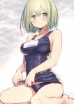  1girl bangs blue_swimsuit blush bob_cut breasts closed_mouth collarbone eyebrows_visible_through_hair green_eyes green_hair hair_between_eyes highres hirasato large_breasts looking_at_viewer name_tag original school_swimsuit sitting sketch smile solo swimsuit swimsuit_pull thighs wariza 