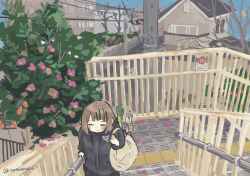  1girl absurdres bag bare_tree black_jacket bob_cut building closed_eyes day flower highres house jacket original petals power_lines purple_flower railing ramp sasaxxxx06 scenery solo spring_onion tactile_paving tree twitter_username utility_pole watermark 