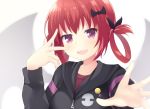  &gt;:3 &gt;:d 1girl :3 :d bat_hair_ornament black_jacket black_ribbon blush casual eyebrows_visible_through_hair fang gabriel_dropout hair_ornament hair_ribbon hair_rings hood hooded_jacket jacket kurumizawa_satanichia_mcdowell long_sleeves maccha open_mouth orange_hair outstretched_arm outstretched_hand pink_eyes pose ribbon smile solo upper_body v_over_eye white_background zipper 